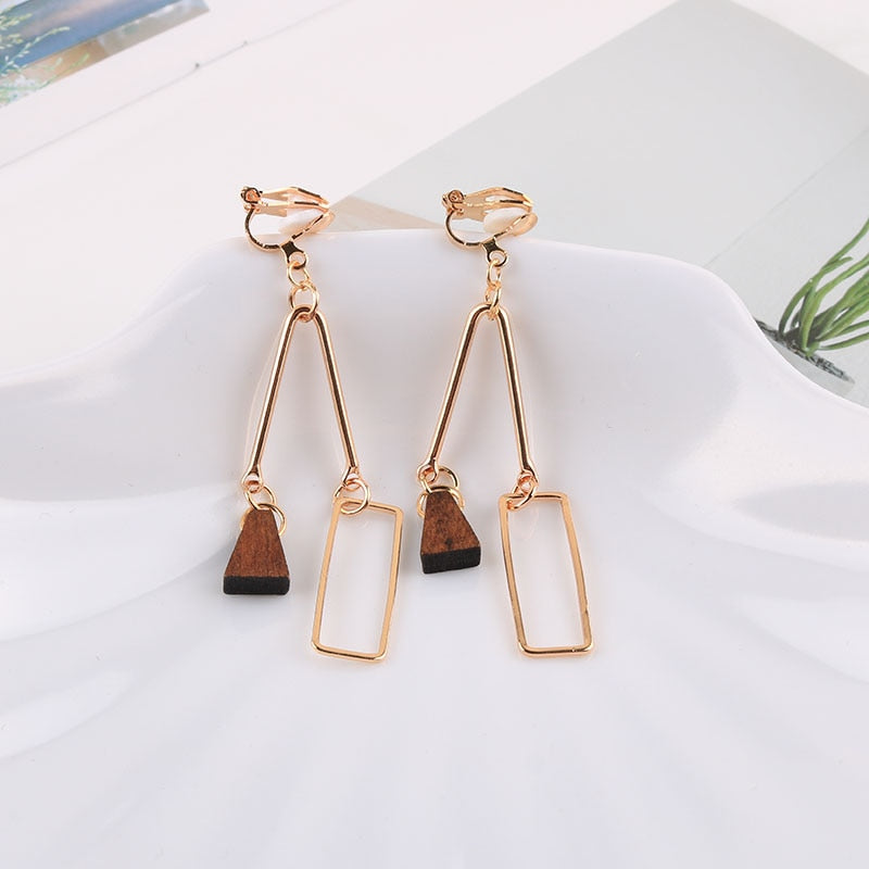 Natural Wood Asymmetric Clip on Earrings