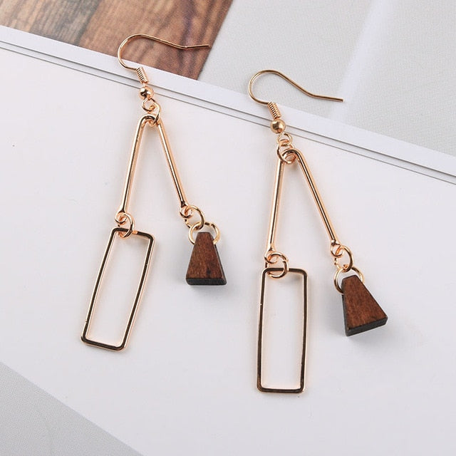 Natural Wood Asymmetric Earrings