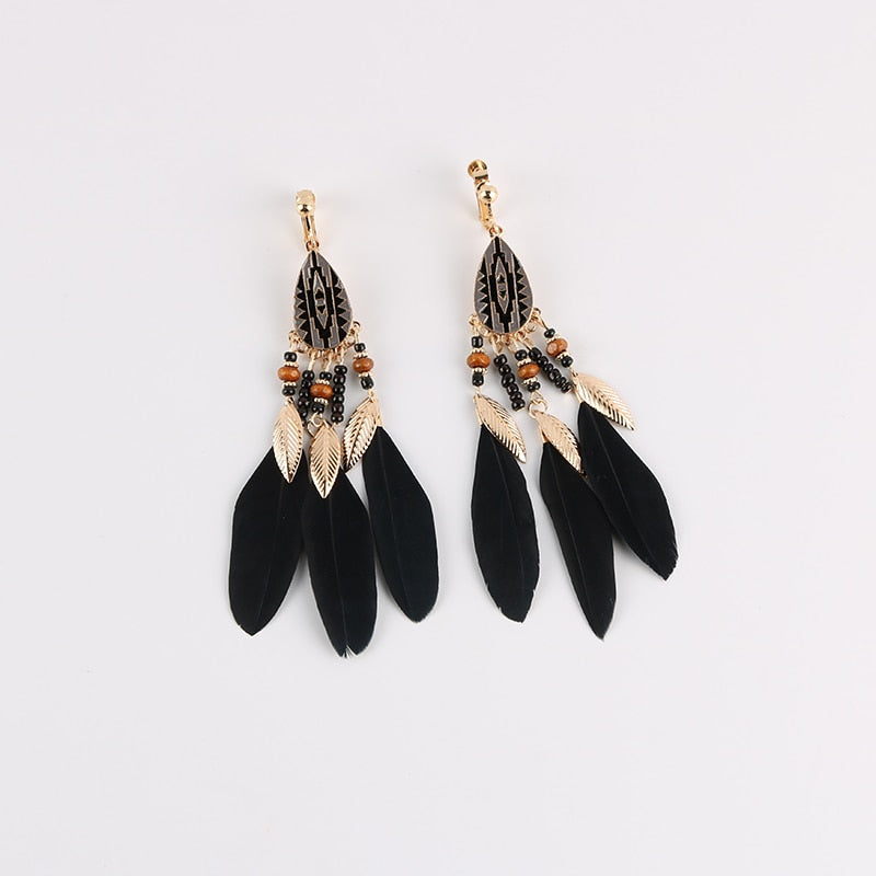 Bohemian Feather Tassel Clip on Earrings