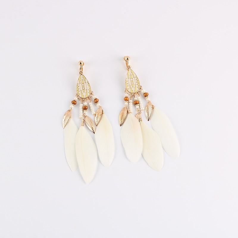 Bohemian Feather Tassel Clip on Earrings