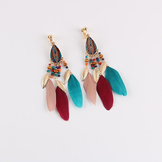 Bohemian Feather Tassel Clip on Earrings